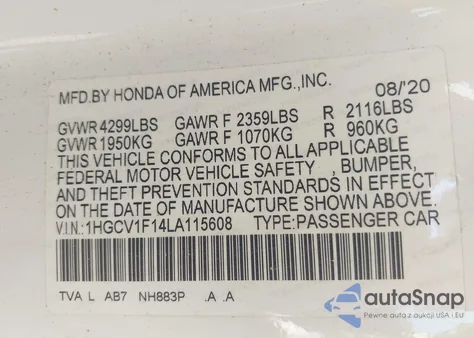 2020 Honda Accord Lx из США, поврежденный, VIN 1HGCV1F14LA115608